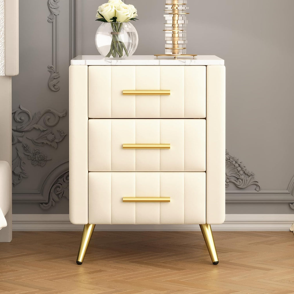Merax Nightstand with 3 Storage Drawers, Upholstered Wood Bedside End Table with Marbling Top, Beige