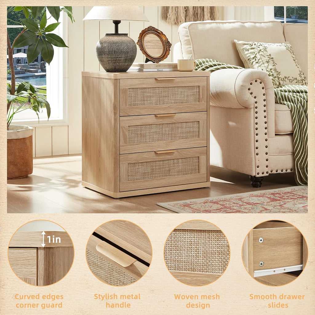LEYAOYAO Rattan Night Stand Set of 2 with Drawers, 23' Large 3 Drawer Boho Nightstand, Natural Wood Bedside Table Storage Cabinet, Bed Side End Tables Dresser for Bedroom, Living Room, Hallway, Closet