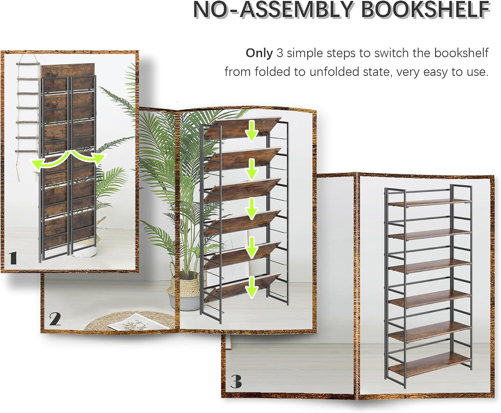 4NM No Assembly 6 Tier Collapsible Book Shelves, 61.8' H x 23.6' W Folding Bookshelf Bookcase Open Industrial Foldable Shelf for Bedroom, Living Room, Home Office - Rustic Brown Black