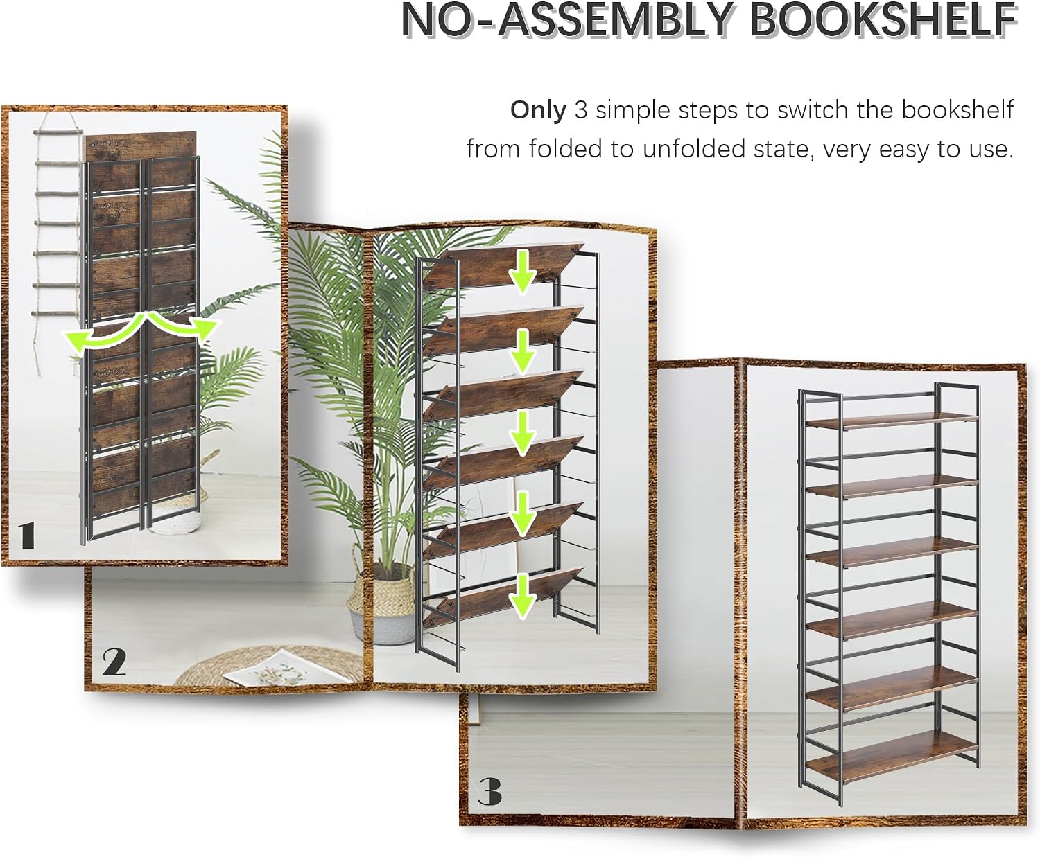 4NM No Assembly 6 Tier Collapsible Book Shelves, 61.8' H x 23.6' W Folding Bookshelf Bookcase Open Industrial Foldable Shelf for Bedroom, Living Room, Home Office - Rustic Brown Black