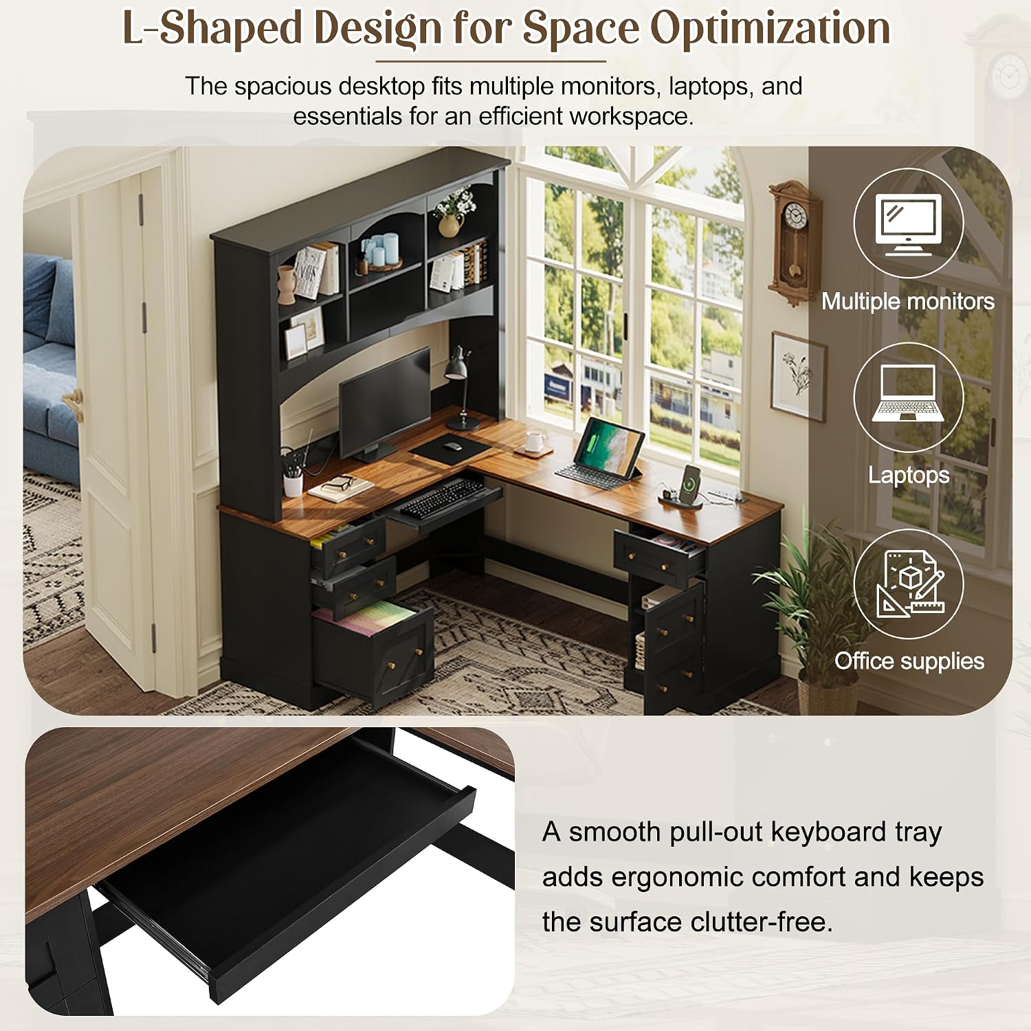 L-Shaped Computer Desk with Keyboard Tray | Charging Stations,Corner Desk with Arched Hutch, All-in-One Home Office Desk for Study, Office