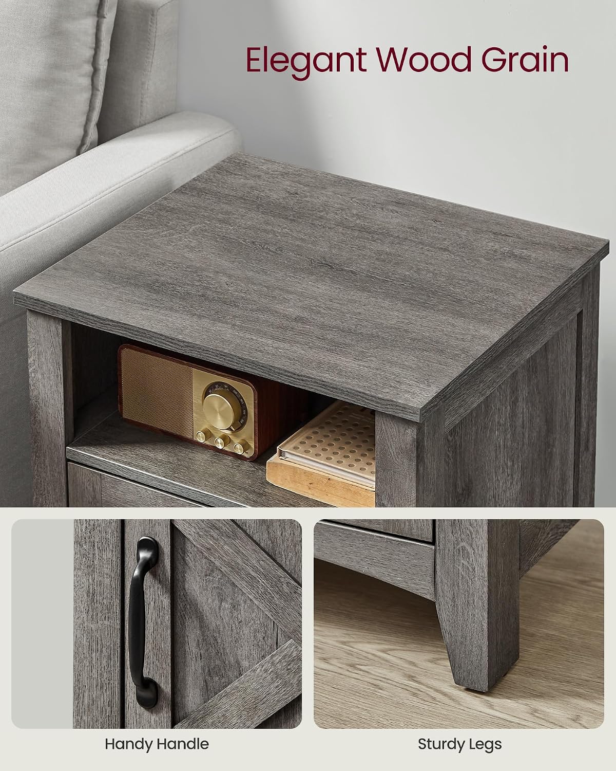 VASAGLE LIRY Collection - Farmhouse Nightstand with Barn Door, Set of 2, Bedside Table with Storage, Side End Table, Night Stand, Open Compartment, for Bedroom, Misty Gray ULET809G68