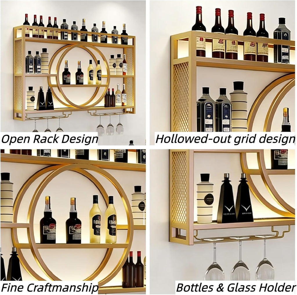 Wall Mounted Wine Rack with LED Light, 39.4' Bar Shelves and Glass Holder, Industrial Metal Bar Shelf Wall Mounted Wine Rack for Kitchen, Bar, Dining Room (Gold, 100cm/39.4in)