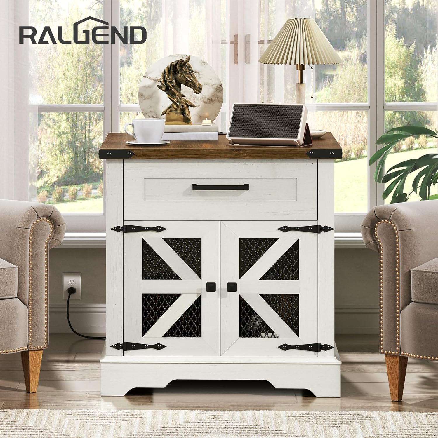 RALGEND White Farmhouse End Table with Charging Station, 24' Large Sofa Side Table with Drawer, Large End Table for Living Room, Wooden Nightstand with Outlet, Square, White and Walnut