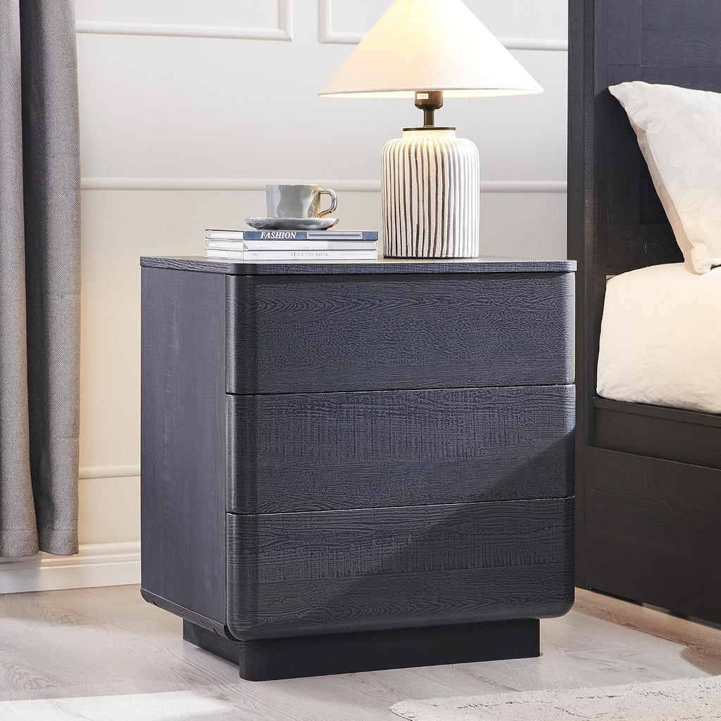 ACCOHOHO 22' Modern Nightstand with Charging Station, Push-to-Open Handleless 3 Drawers Bedside Table, Large End Table with Storage, Night Stand for Bedroom, Living Room, Curved Profile, Black