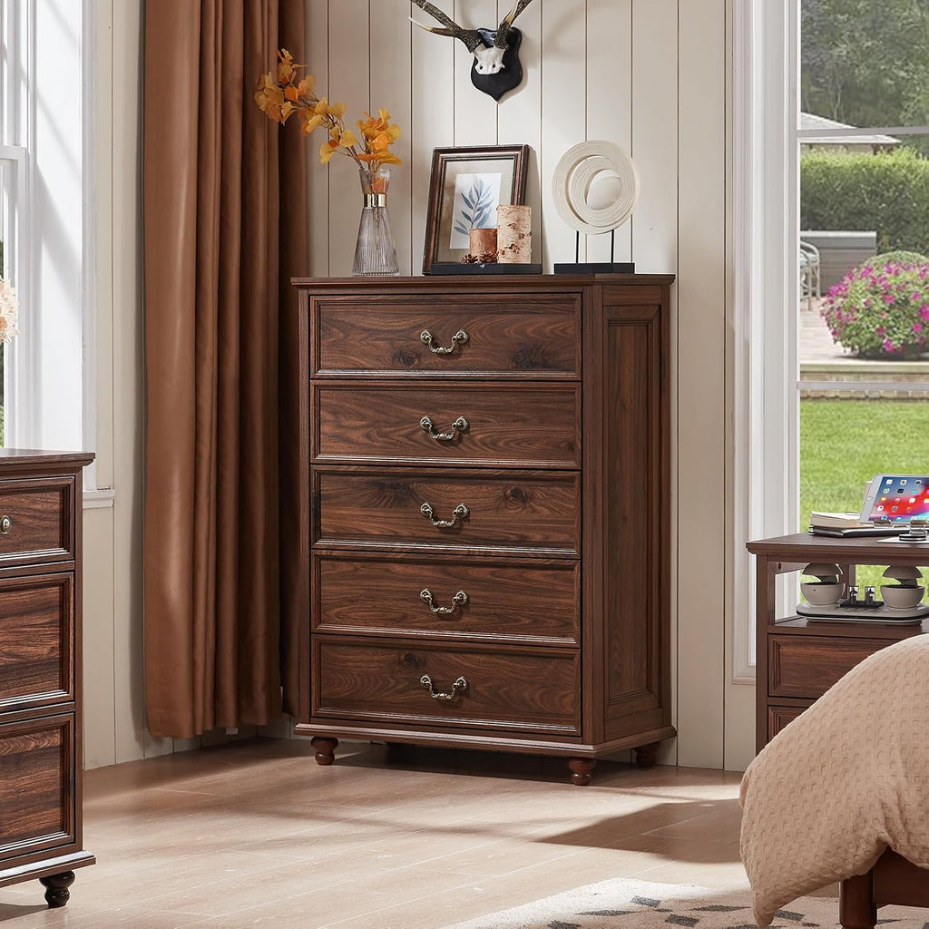 Joaxswe Farmhouse 5 Drawer Dresser Set of 2 for Bedroom, 45' Tall Rustic Chests of Drawers w/ 4 Solid Wood Feet, Mid Century Vintage Wooden Closet Storage Dressers Organizer for Living Room, Brown