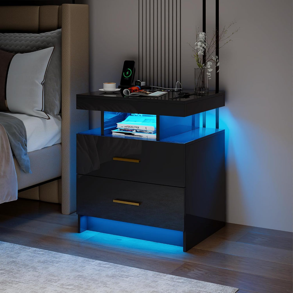 Smart Night Stand Set of 2 with Charging Station, Modern Black Nightstand with 24 Color Lights and 2 Drawers, LED Bedside Tables with Auto Senor,High Gloss End Side Table for Bedroom