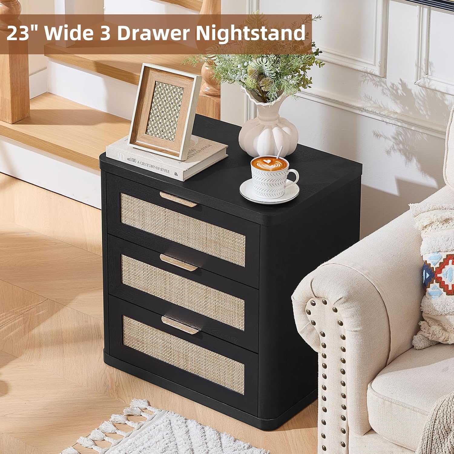 LEYAOYAO Rattan Night Stand Set of 2 with Drawers, 23' Large 3 Drawer Boho Nightstand, Natural Wood Bedside Table Storage Cabinet, Bed Side End Tables Dresser for Bedroom, Living Room, Hallway, Closet