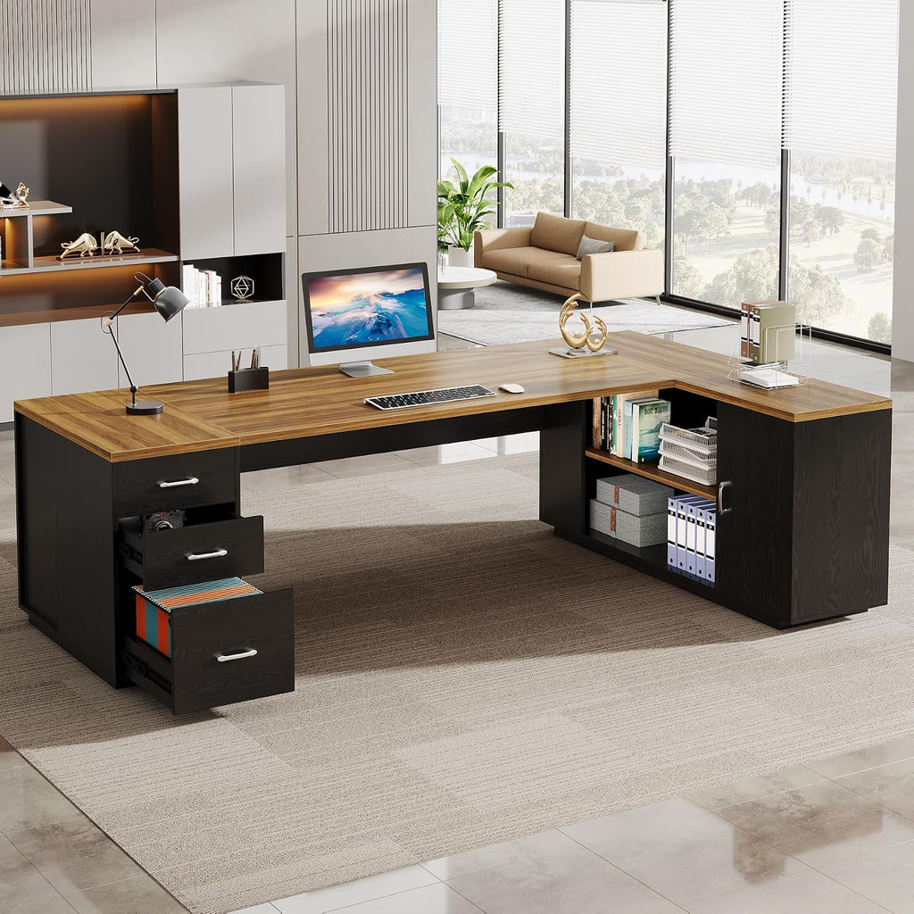 Tribesigns 85.8-Inch L-Shaped Executive Desk, Extra Large Modern Office Desk with File Drawers, Door Cabinet & Shelves, Commercial Office Table, Home Business Workstation, Brown & Black