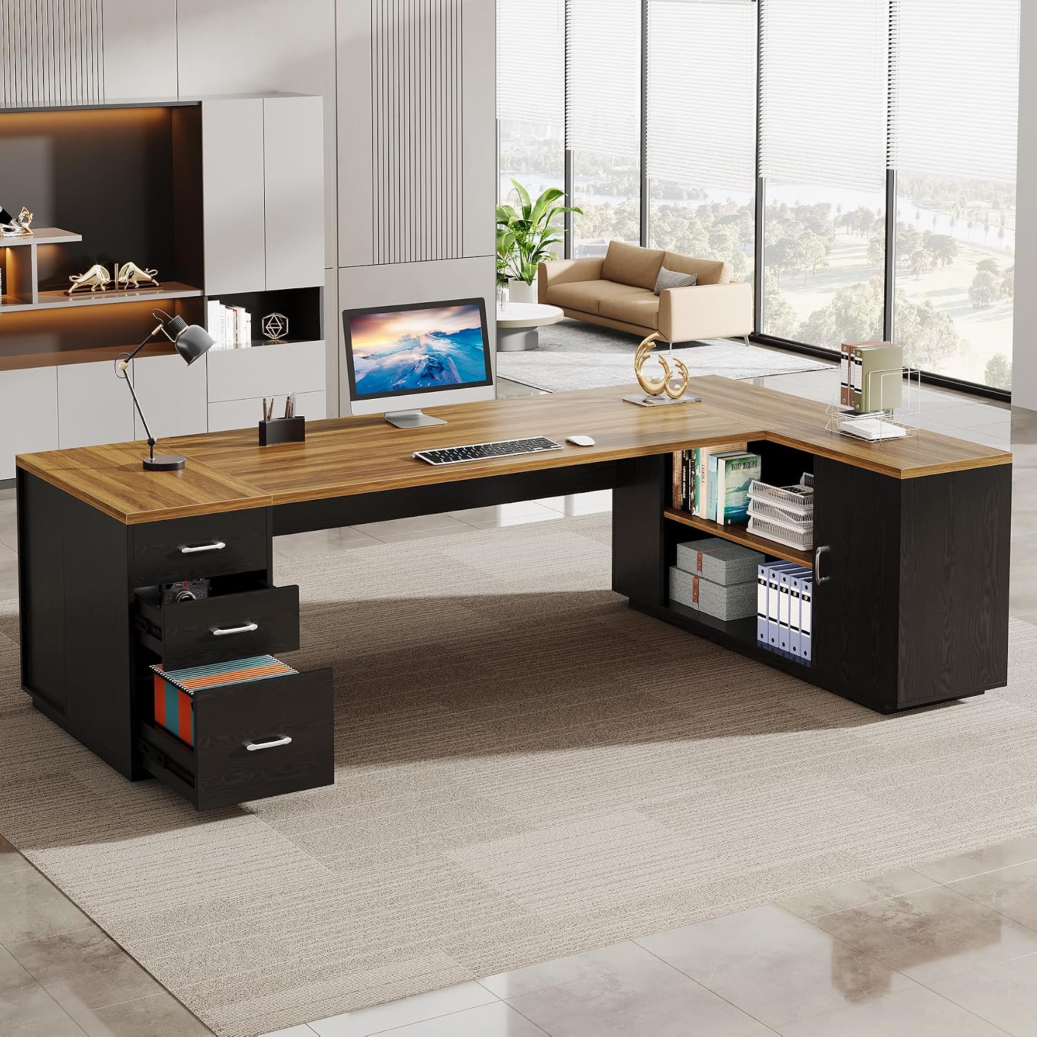 Tribesigns 85.8-Inch L-Shaped Executive Desk, Extra Large Modern Office Desk with File Drawers, Door Cabinet & Shelves, Commercial Office Table, Home Business Workstation, Brown & Black