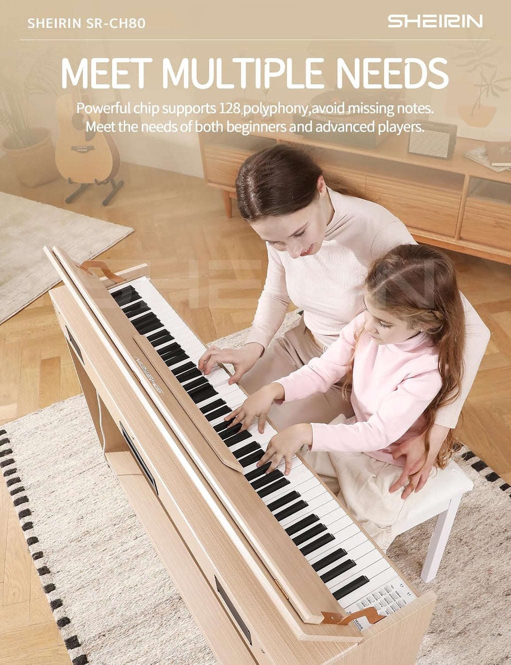 Digital Piano 88 Key Weighted,Fully Weighted Hammer Action Electric Keyboard with Stand Cover Pedal,Headphone Jack for Beginners Adults Home Practice,SR-CH80(Beige)