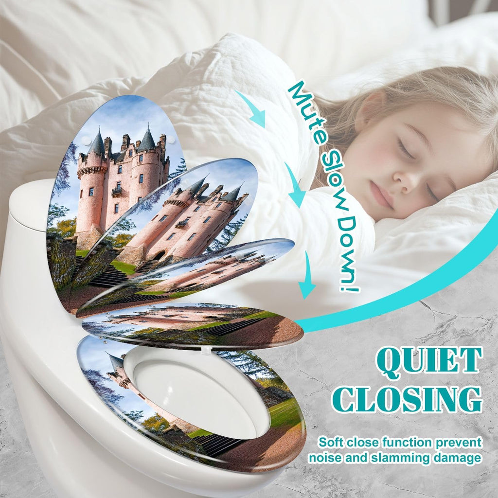 Elongated Toilet Seat Craigievar Castle Aberdeenshire Scotland Resin Toilet Seat Slow Quiet Close Lid with Quick-Release Hinges Cover Bumpers Easy to Clean Install