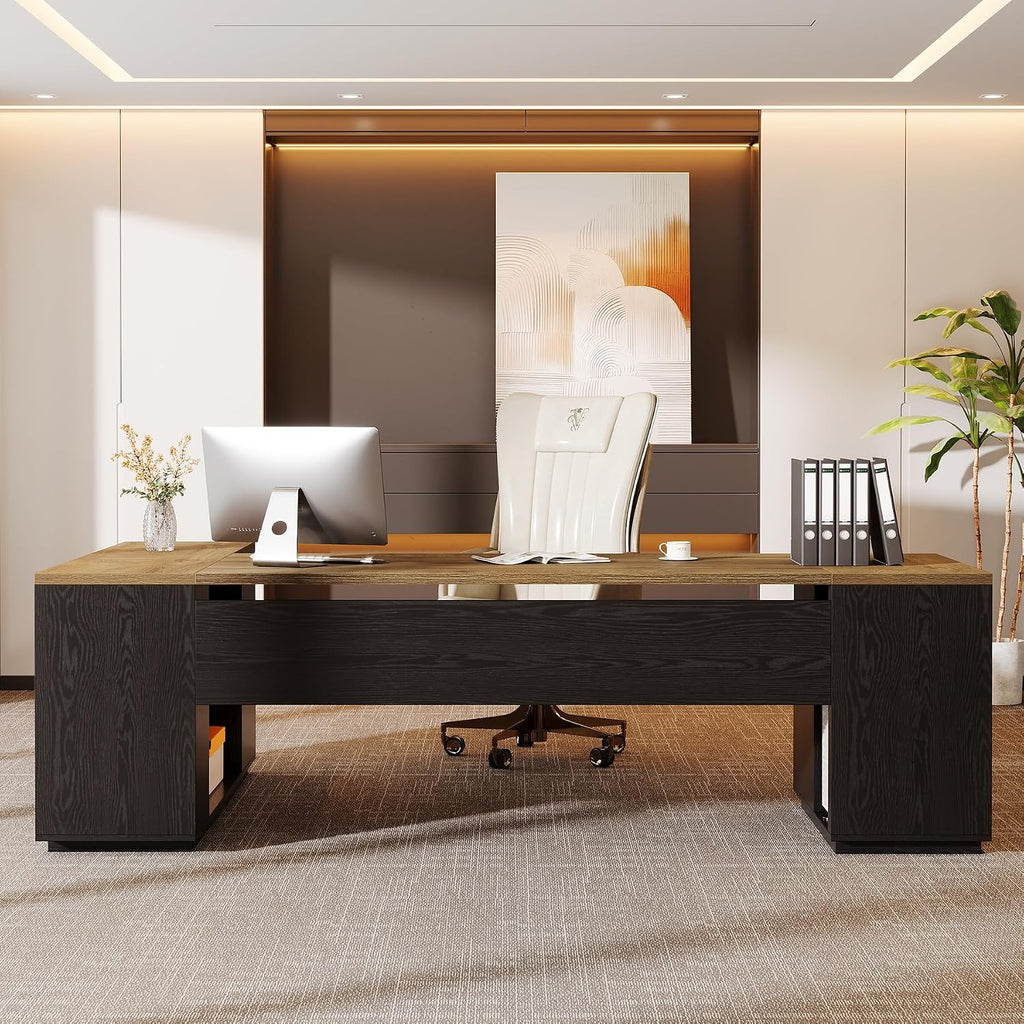 Tribesigns 85.8-Inch L-Shaped Executive Desk, Extra Large Modern Office Desk with File Drawers, Door Cabinet & Shelves, Commercial Office Table, Home Business Workstation, Light Brown & Black