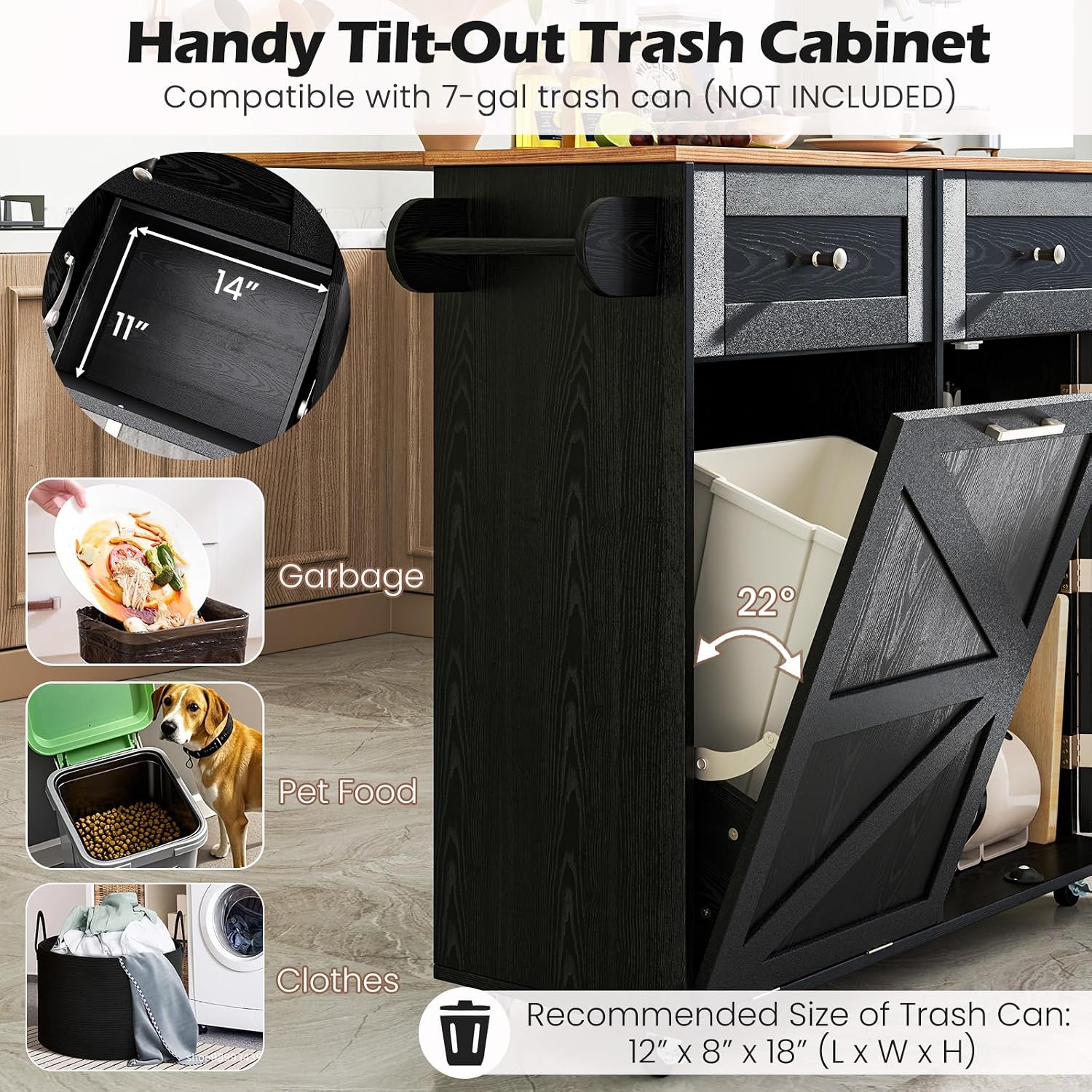 Rolling Kitchen Island with Trash Can Storage Cabinet, Drop Leaf Breakfast Bar Table, Towel Holder, 2 Drawers & Door Racks, 4 Rubber Wheels, Wood Island Table for Kitchen (Black)