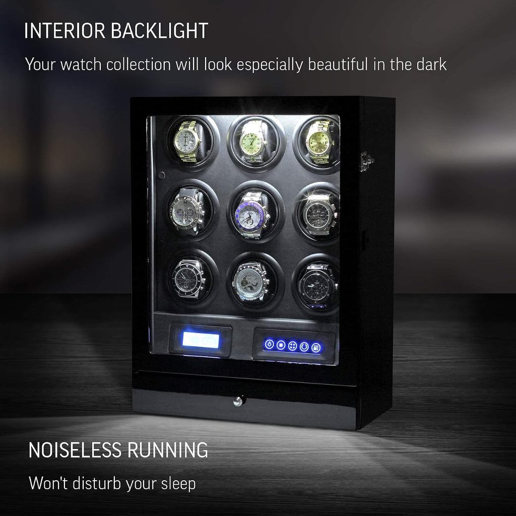 9 Watch Winder with LED Interior Light, LCD Display and 2 Watch Storage Space