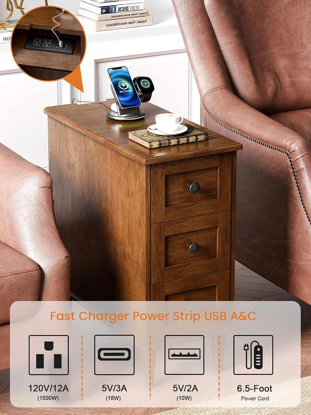 End Table Set of 2, Built-in Charging Station, No Assembly Required 3-Drawer Narrow Side Table with Outlets and USB Ports, Slim Nightstand for Living Room, Bedroom, Entryway