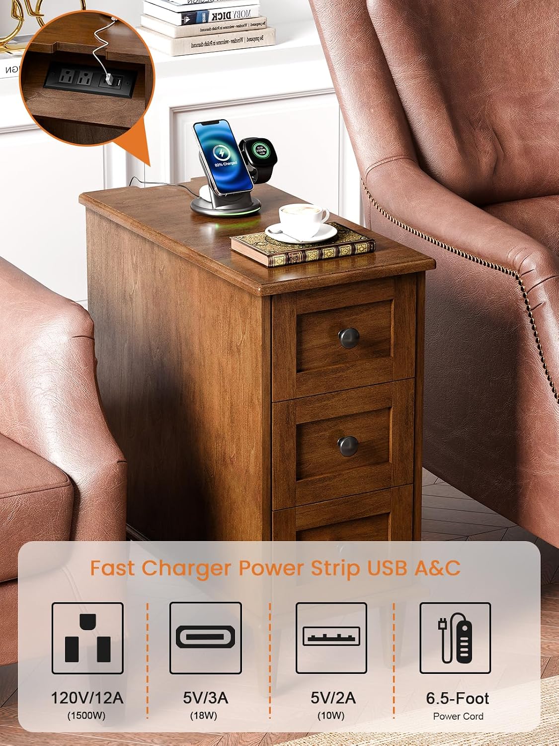 End Table Set of 2, Built-in Charging Station, No Assembly Required 3-Drawer Narrow Side Table with Outlets and USB Ports, Slim Nightstand for Living Room, Bedroom, Entryway