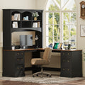 L-Shaped Computer Desk with Keyboard Tray | Charging Stations,Corner Desk with Arched Hutch, All-in-One Home Office Desk for Study, Office
