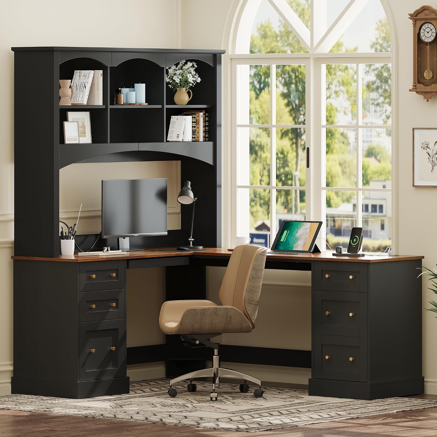L-Shaped Computer Desk with Keyboard Tray | Charging Stations,Corner Desk with Arched Hutch, All-in-One Home Office Desk for Study, Office