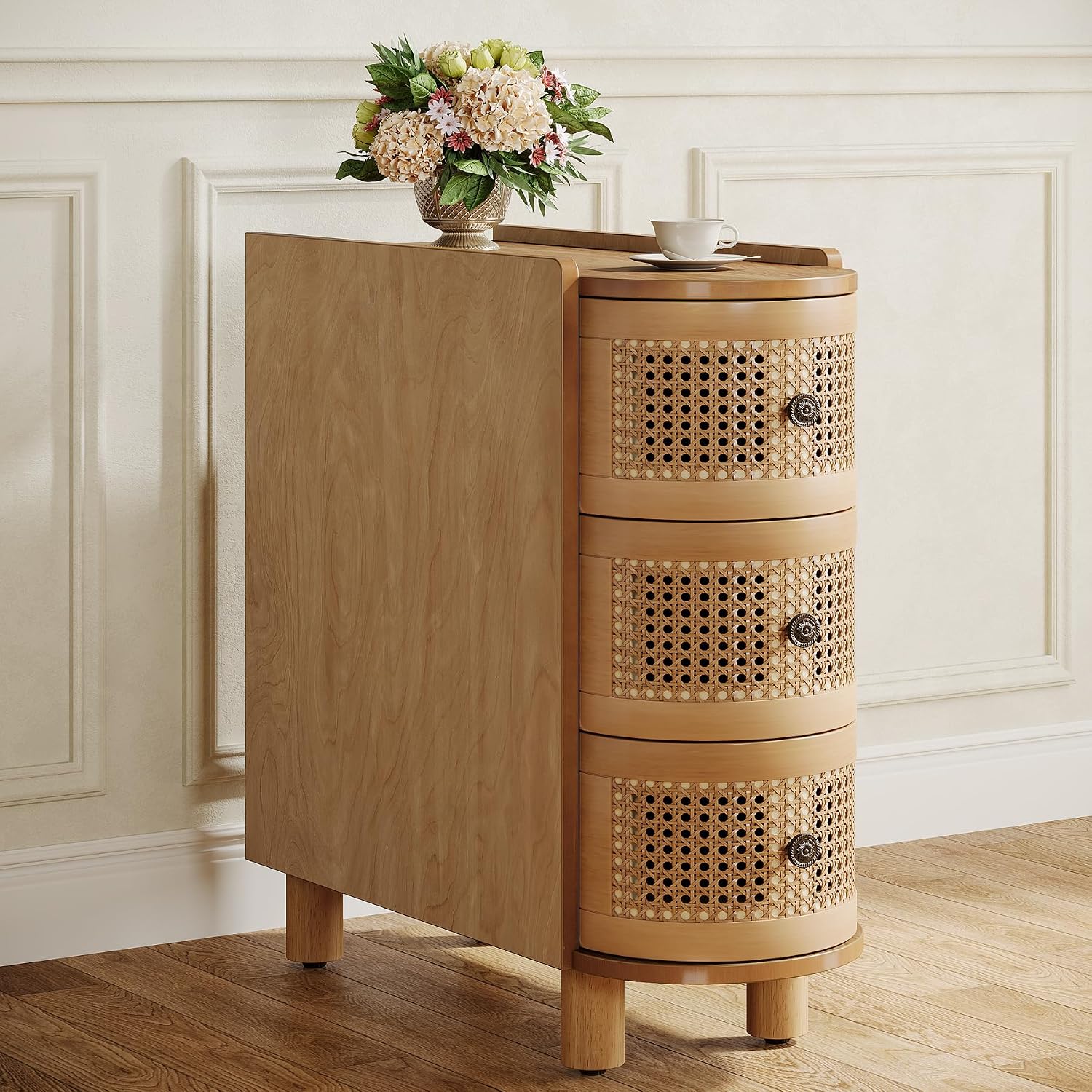 Tribesigns Solid Wood End Table, 3-Drawer Rattan Side Table, Night Stand with 3 Rattan Drawers and Exquisite Embossed Handles for Living Room, No Assembly Required (1, Oak)