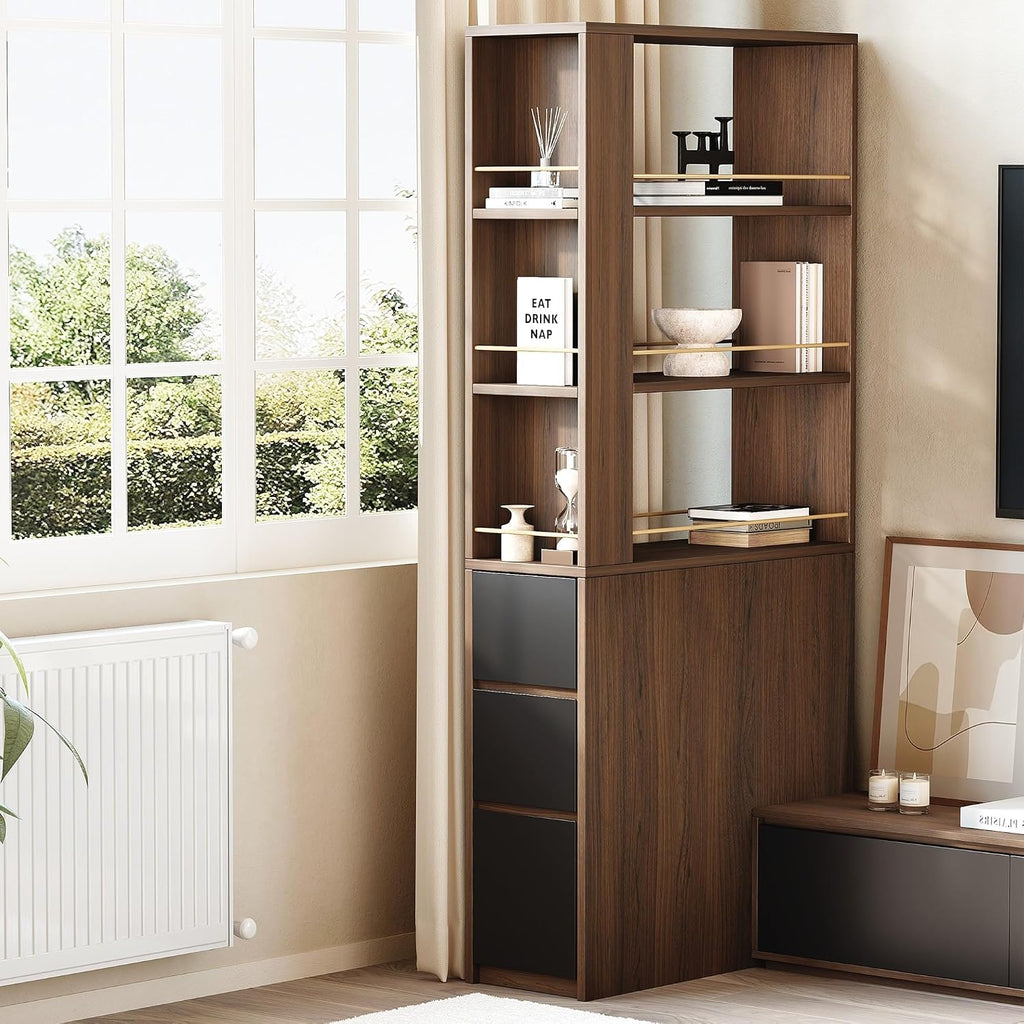 ModernMate 71' Tall Corner Bookshelf with 3 Drawers, Narrow Bookcase | 3-Tier Double-Sided Slim Bookcase for Small Space, Display Storage Shelves for Living Room, Home Office, Study, Black Walnut