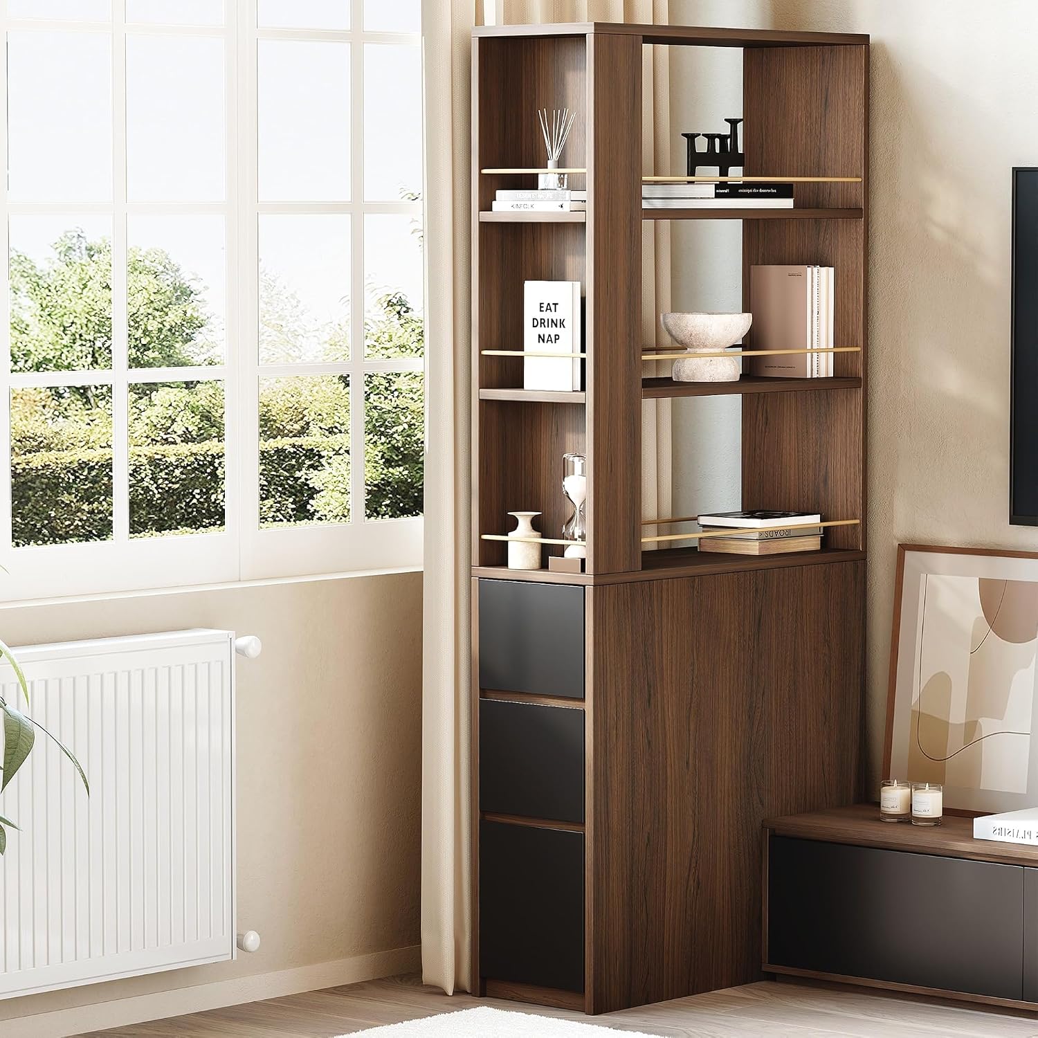 ModernMate 71' Tall Corner Bookshelf with 3 Drawers, Narrow Bookcase | 3-Tier Double-Sided Slim Bookcase for Small Space, Display Storage Shelves for Living Room, Home Office, Study, Black Walnut