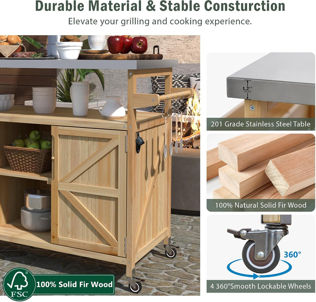 Outdoor Kitchen Rolling Bar Cart with Storage Cabinet, Farmhouse Solid Wood Outdoor Grill Table with Stainless Steel Top, Spice Rack and Towel Rack, Perfect for Barbecue Poolside Patio (Natural)