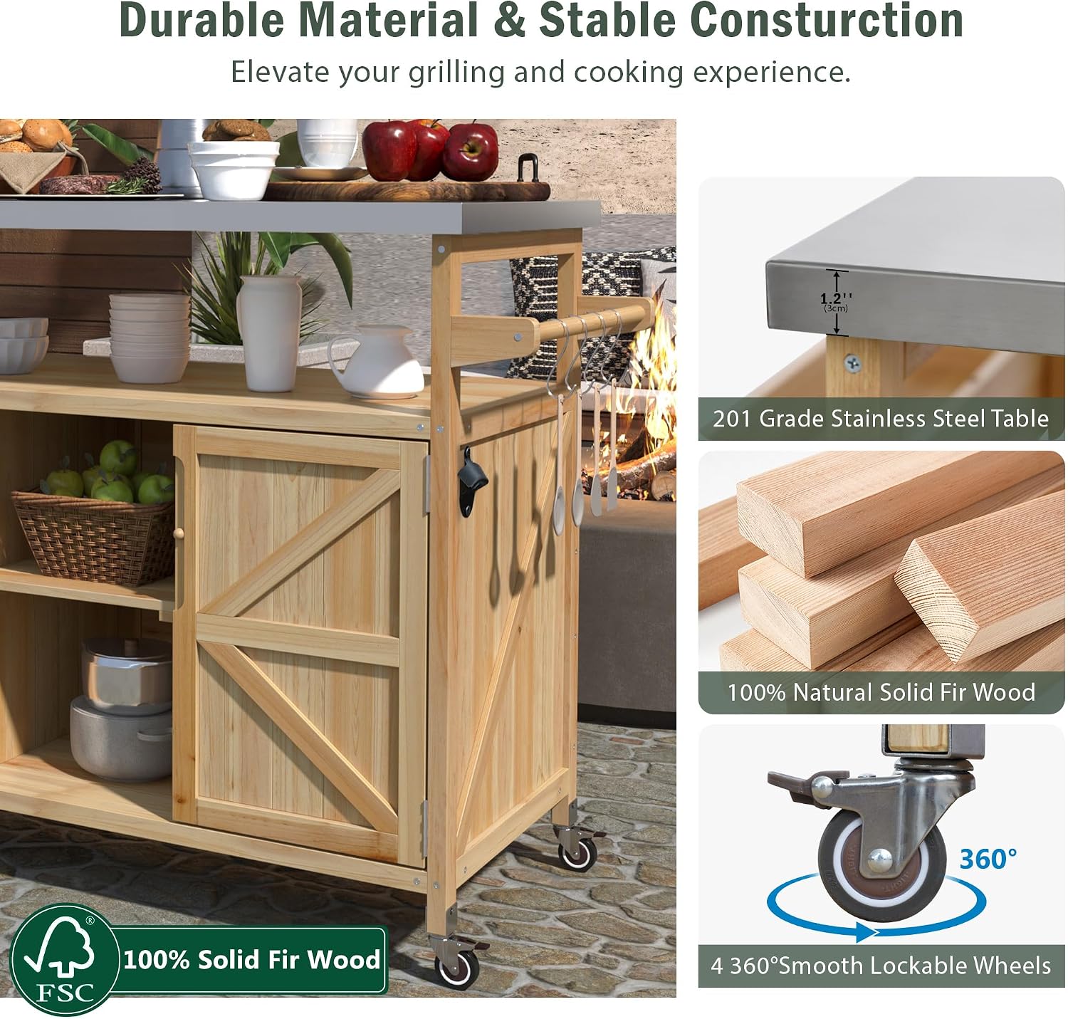Outdoor Kitchen Rolling Bar Cart with Storage Cabinet, Farmhouse Solid Wood Outdoor Grill Table with Stainless Steel Top, Spice Rack and Towel Rack, Perfect for Barbecue Poolside Patio (Natural)