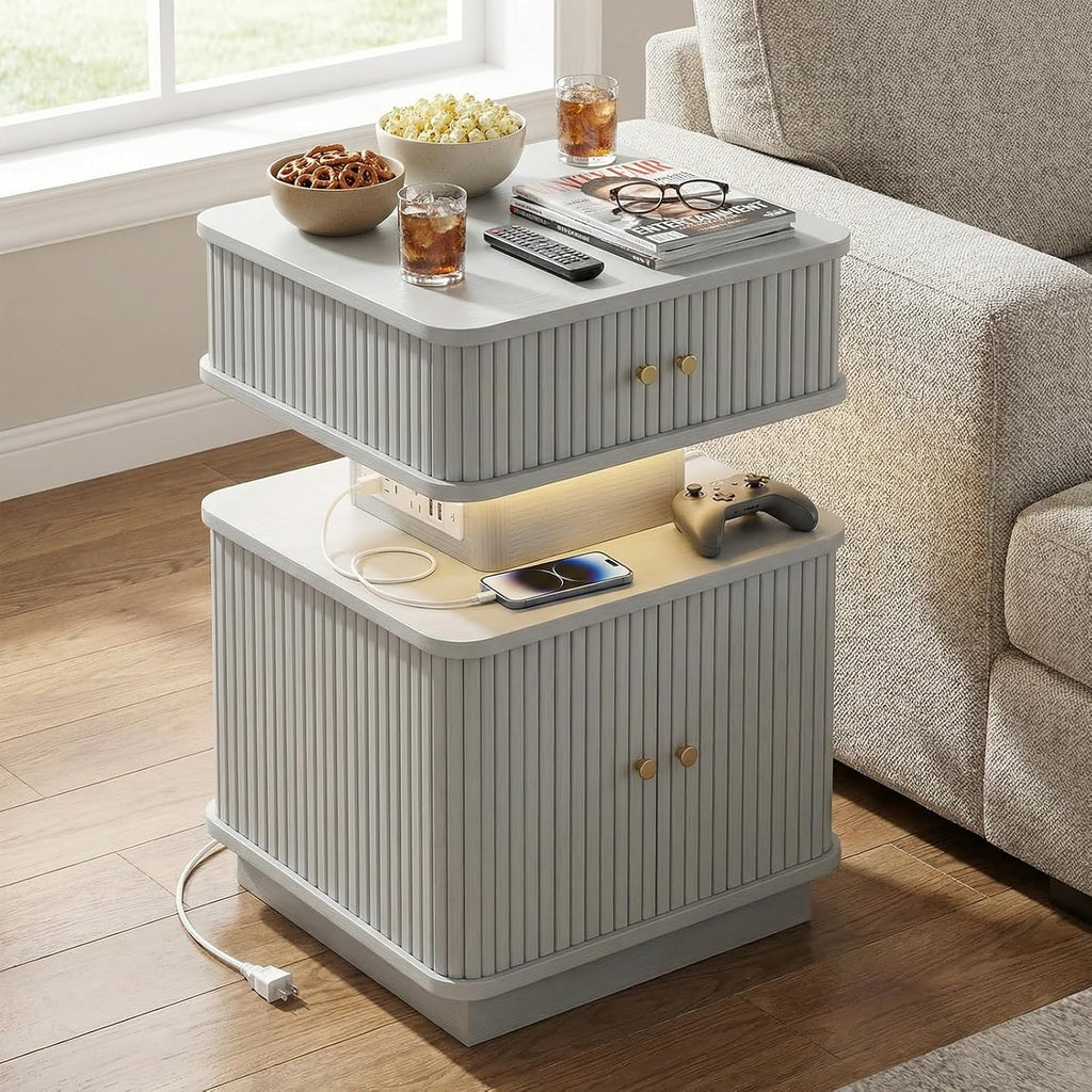 Set of 2 LED Light End Table with Charging Station, Grey Mid Century Bedside Table with USB Type A C Ports, Small Fluted Accent TV Control Nightstand with Sliding Door for Living Room, Curvy Edge