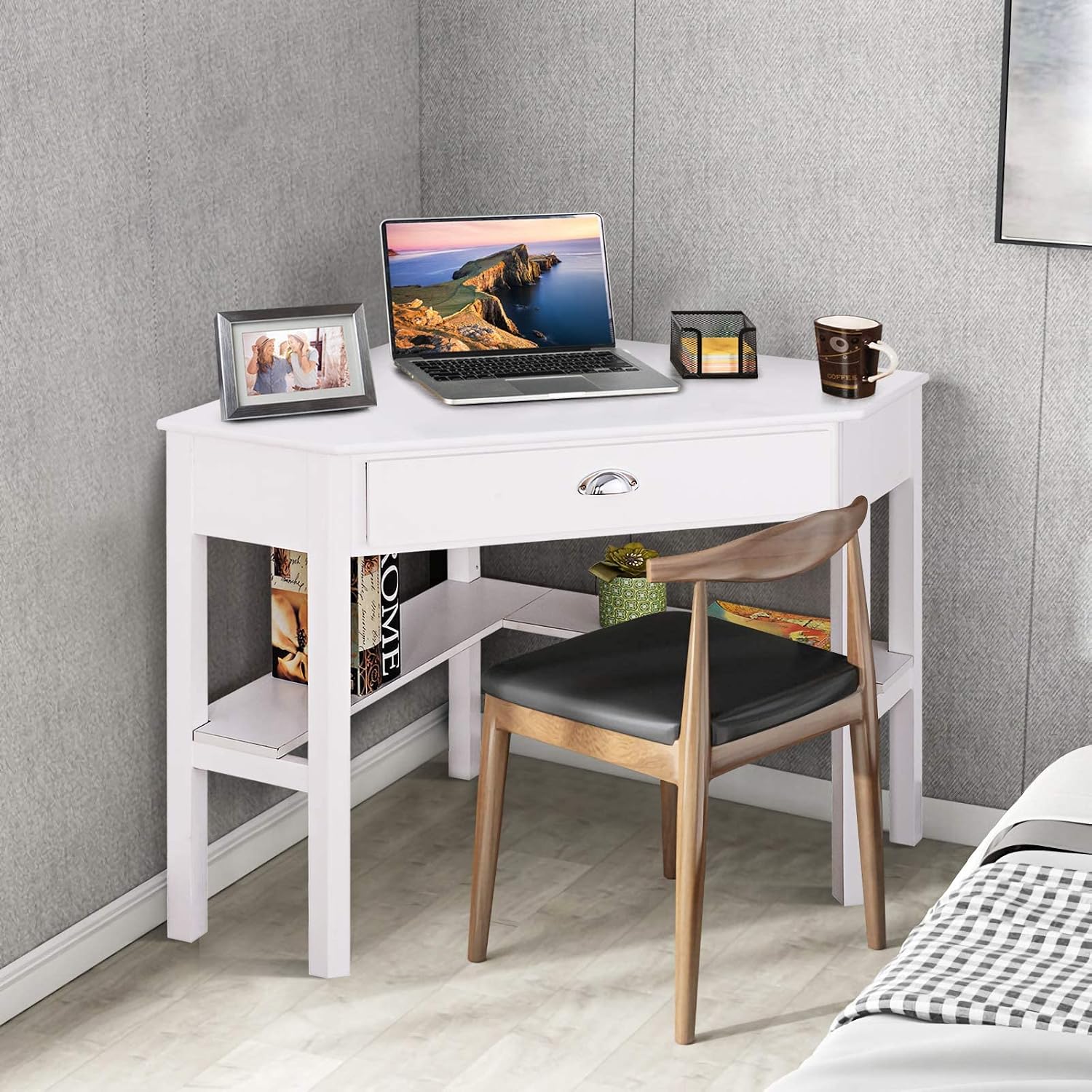 DORTALA Corner Desk, Writing & Study Corner Computer Desk, Laptop PC Table, Wood Home Office Desk, Small Corner Desk w/Storage Drawer, Shelves, Office Study Workstation, White Corner Desk (White)