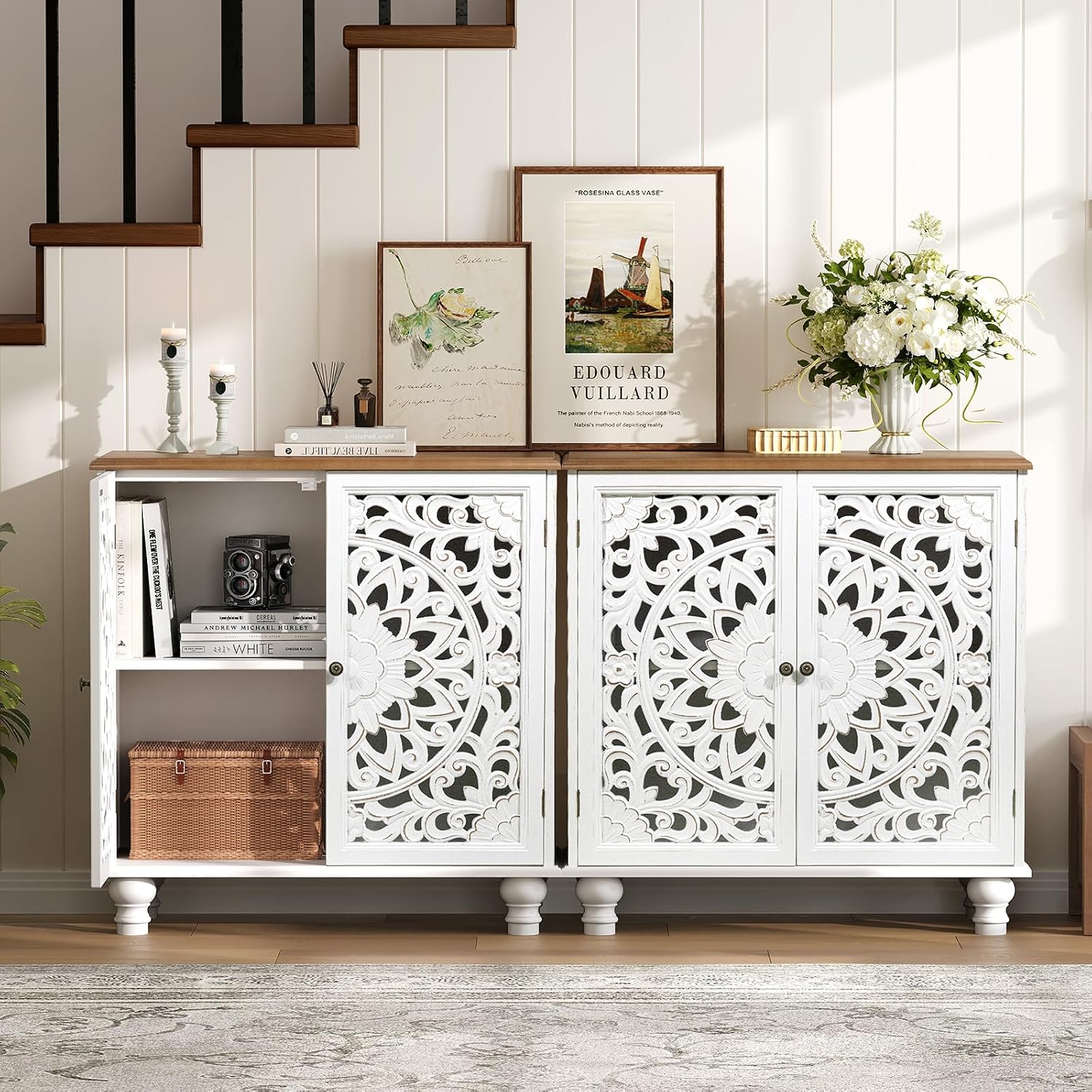 JOINICE White Accent Cabinet with Walnut Finish Top, 31' Farmhouse Storage Cabinet with Carved Doors for Living Room, Sideboard Buffet for Dining Room, Solid Wood Legs