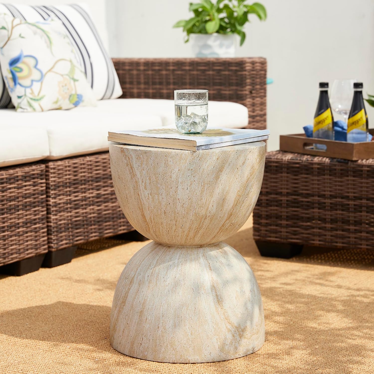 Glitzhome Outdoor Side Table, 17.75' H Decorative Garden Stool MGO Hourglass Faux Terrazzo End Table, Round Planter Stand for Indoor Outdoor Living Room Bedroom Patio Deck Poolside
