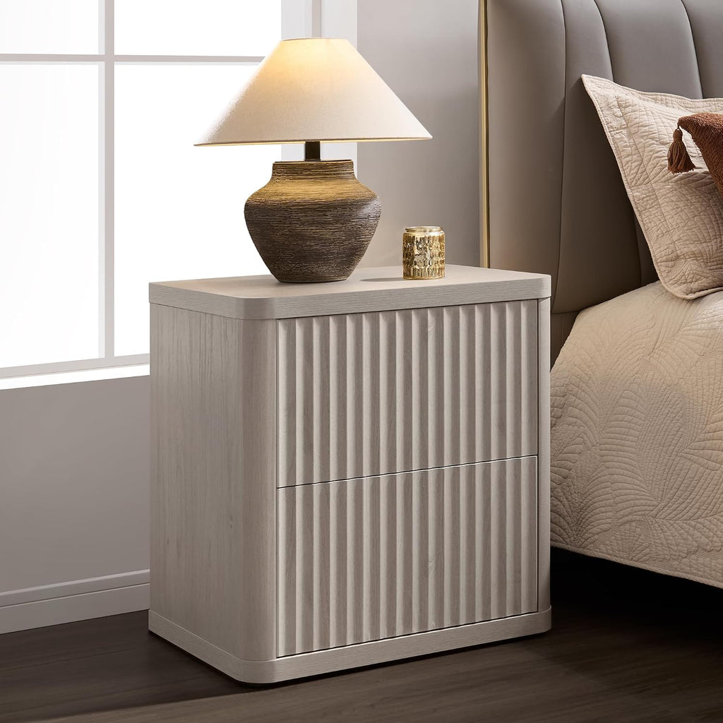 SICOTAS Night Stand Set of 2 Nightstands with 2 Drawers Storage Bedside Table Large Fluted Bed Side End Table Modern 24.4' Tall Wide Night Stands for Bedroom Living Room Sofa Couch Office, White Alder