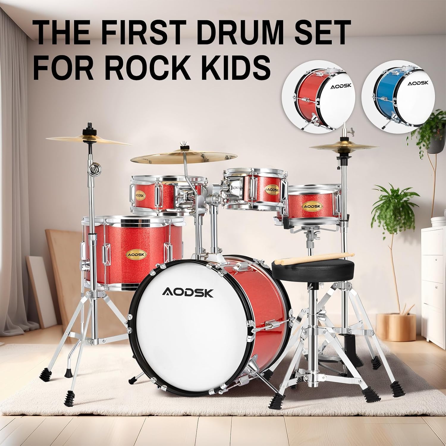 AODSK Drum Sets 5-Piece for Beginners, 14 inch Full Size Complete Drum Kit with Adjustable Throne, Cymbal, Hi-Hat, Pedal & Drumstick