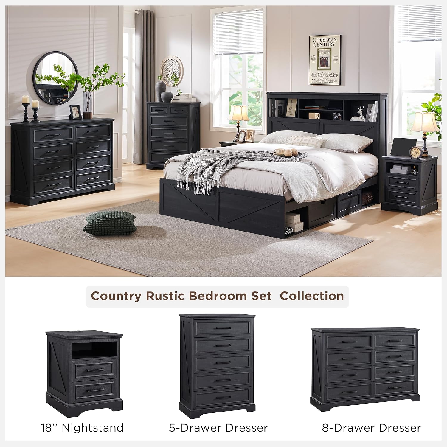 ACCOHOHO 18' Farmhouse Nightstand Set of 2 with Charging Station,End Table with 2 Drawers Storage,Side Table,Bedside Cabinet for Bedroom,Living Room, Black