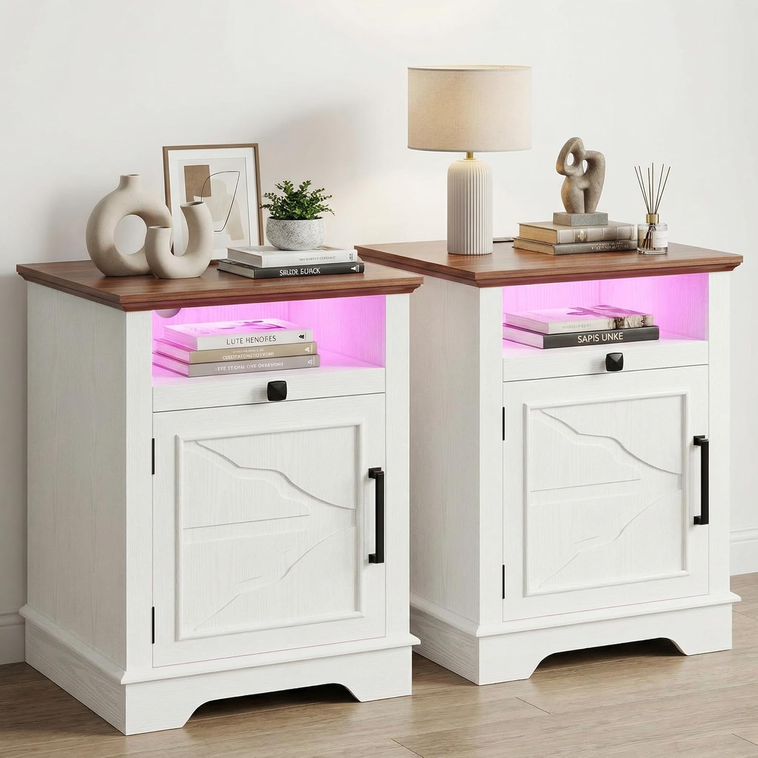 IRONCK Farmhouse End Table Set of 2, Nightstand with Charging Station and App Controlled LED, End Table with Storage for Bedroom Living Room,White