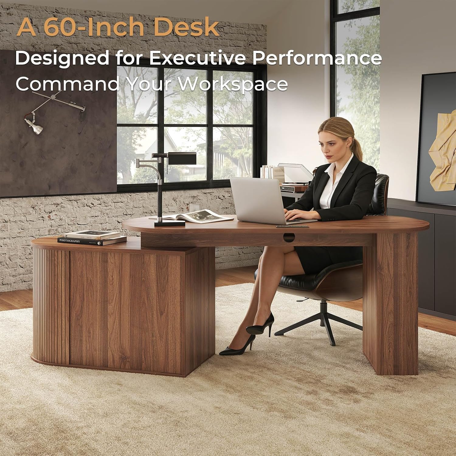 HSH Office L Shaped Computer Desk with Storage Cabinet, Reversible Corner L Desks with Keyboard Tray and Open Shelf, Home Office Executive Desk with Power Outlet for Study Workstation, Walnut 60 Inch