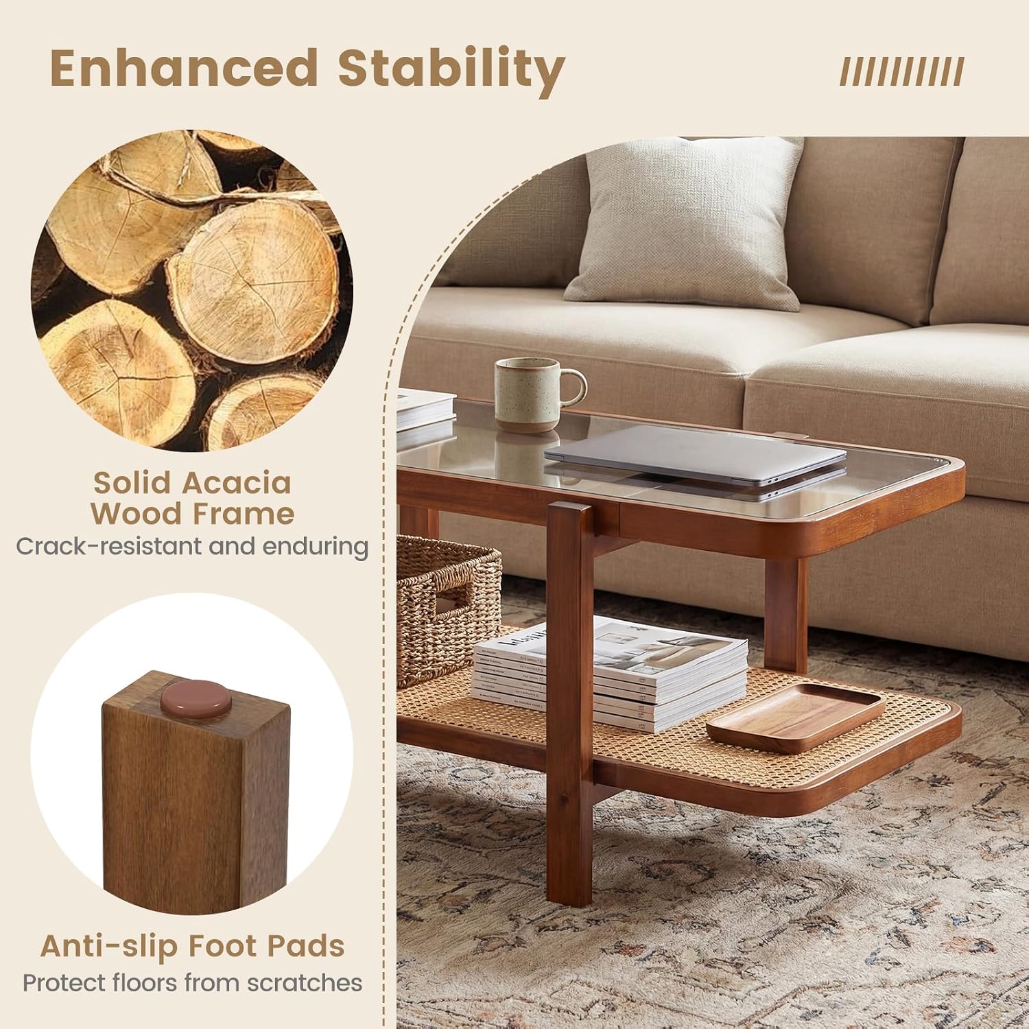 GOFLAME Rattan Coffee Table, 47.5' Solid Wood Center Table with Tempered Glass Top & Rattan Storage Shelf, Rectangular, Farmhouse, Boho, 2-Tier Mid Century Modern Tea Table for Living Room (Walnut)