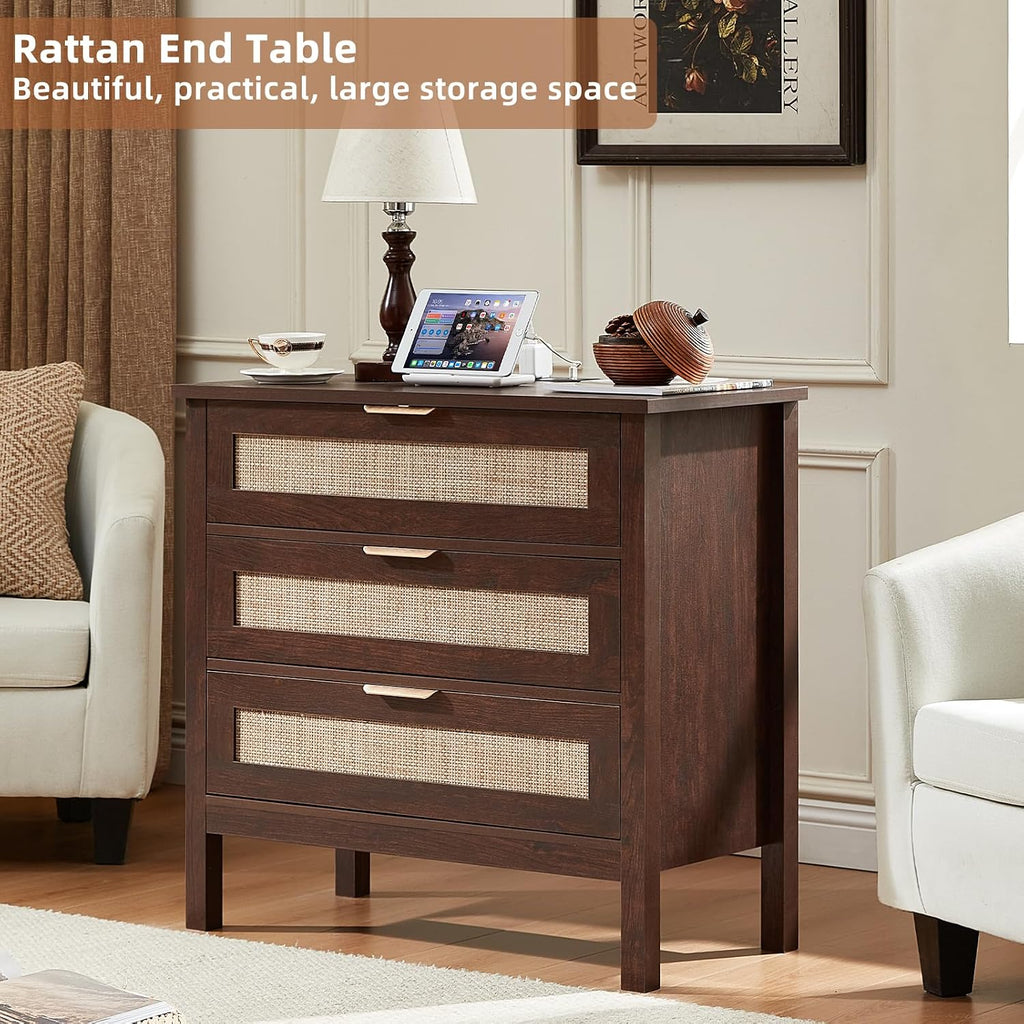 LEYAOYAO 31.5' Wide Rattan Night Stand with Charger Station, Large Boho 3 Drawer Nightstand, Retro Walnut Bedside Table with Storage, 30' Tall Bed Side End Tables for Bedroom, Living Room, Hallway