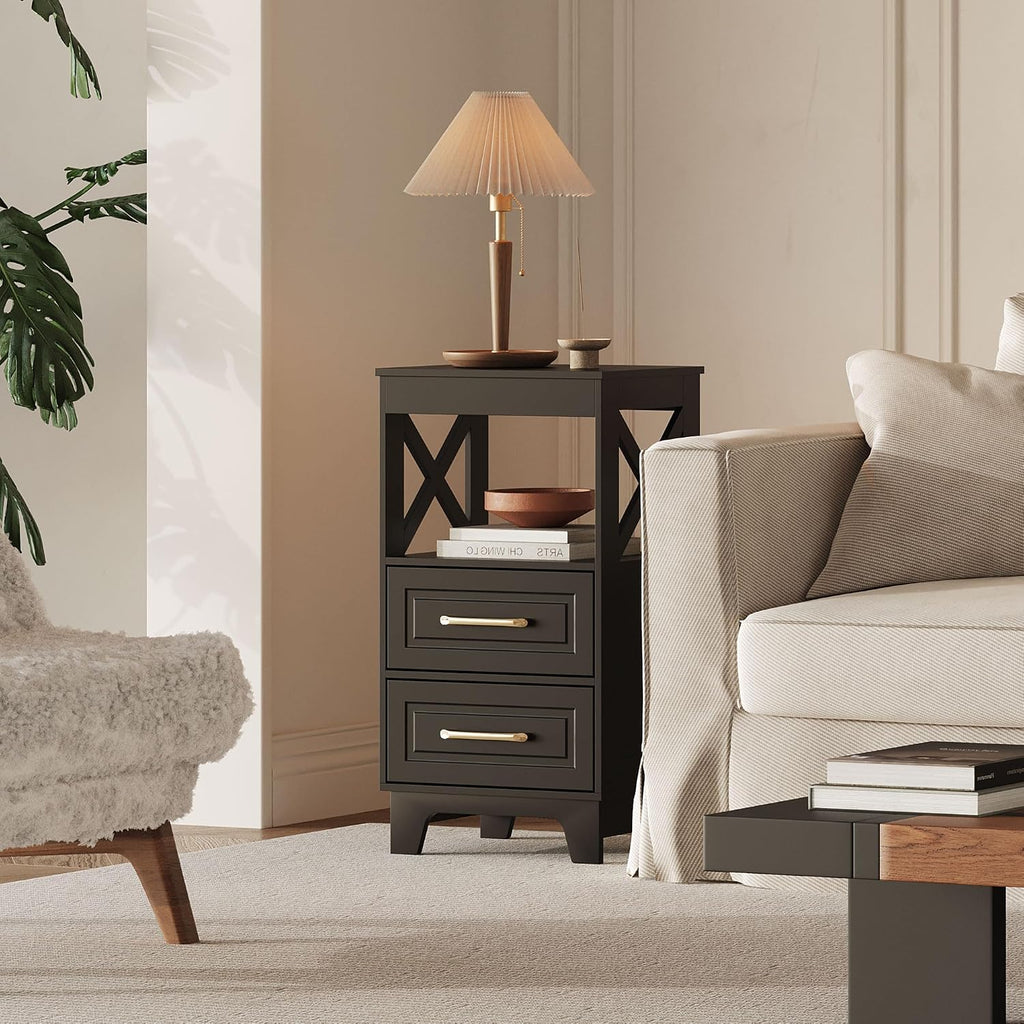 Tall Nightstand Set of 2 Side Table with 2 Drawers Modern Night Stand Wooden End Table Bedside Table with Upper Open Shelf Solid Feet for Bedroom Black