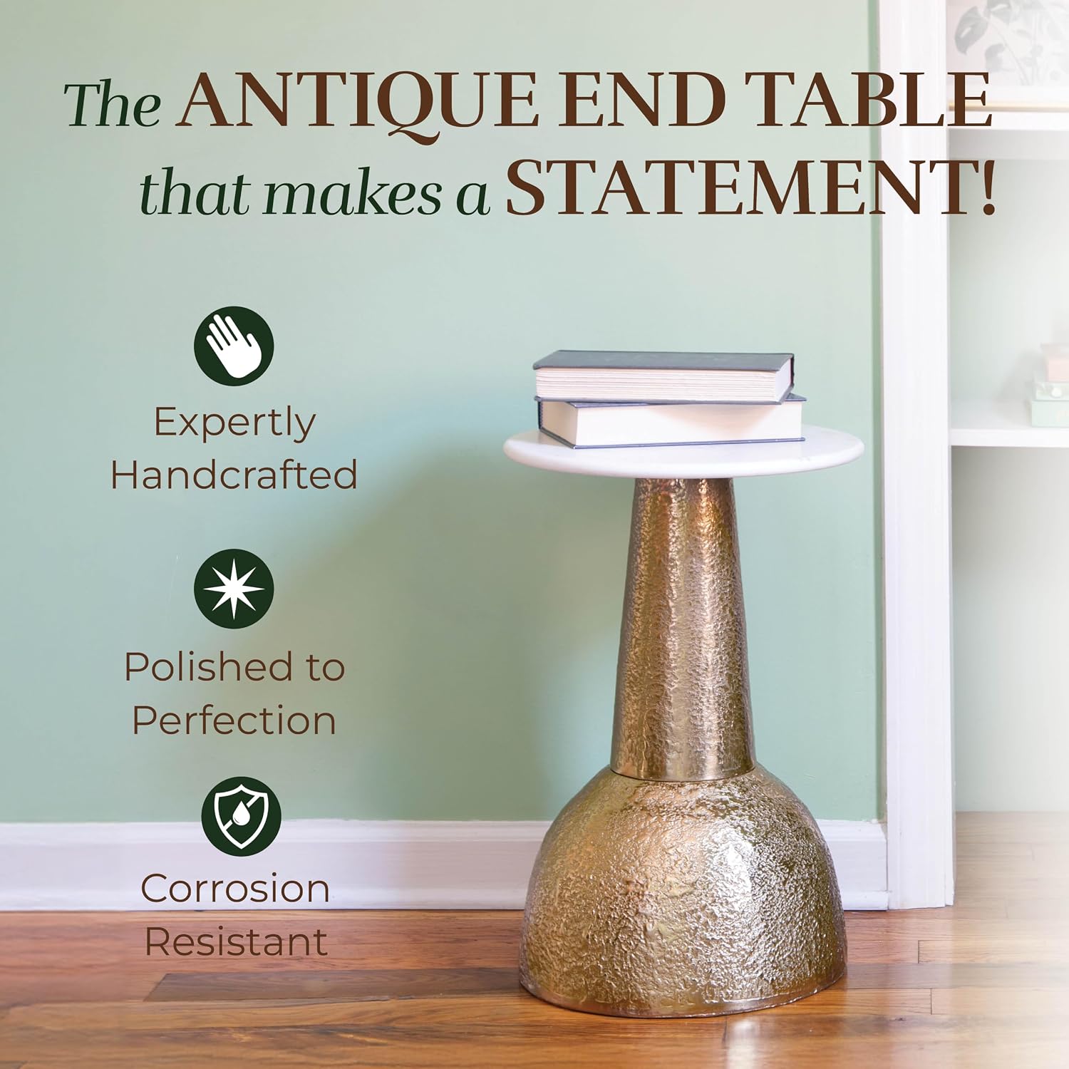 OBJET D'ART Small Round Gold End Table, Cupola, 22'' Height, Vintage Metal Accent, Side, Pedestal, Coctail and Drink Tables for Living Room and Small Spaces