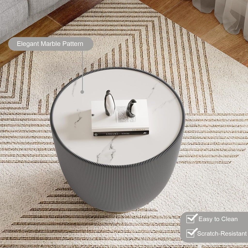 Modern Round End Table Luxury Sintered Stone Top Coffee Table in Grey Leatherette Creative Bowl-Shape Small Coffee Side End Table for Living Room Bedroom,Fully Assembled
