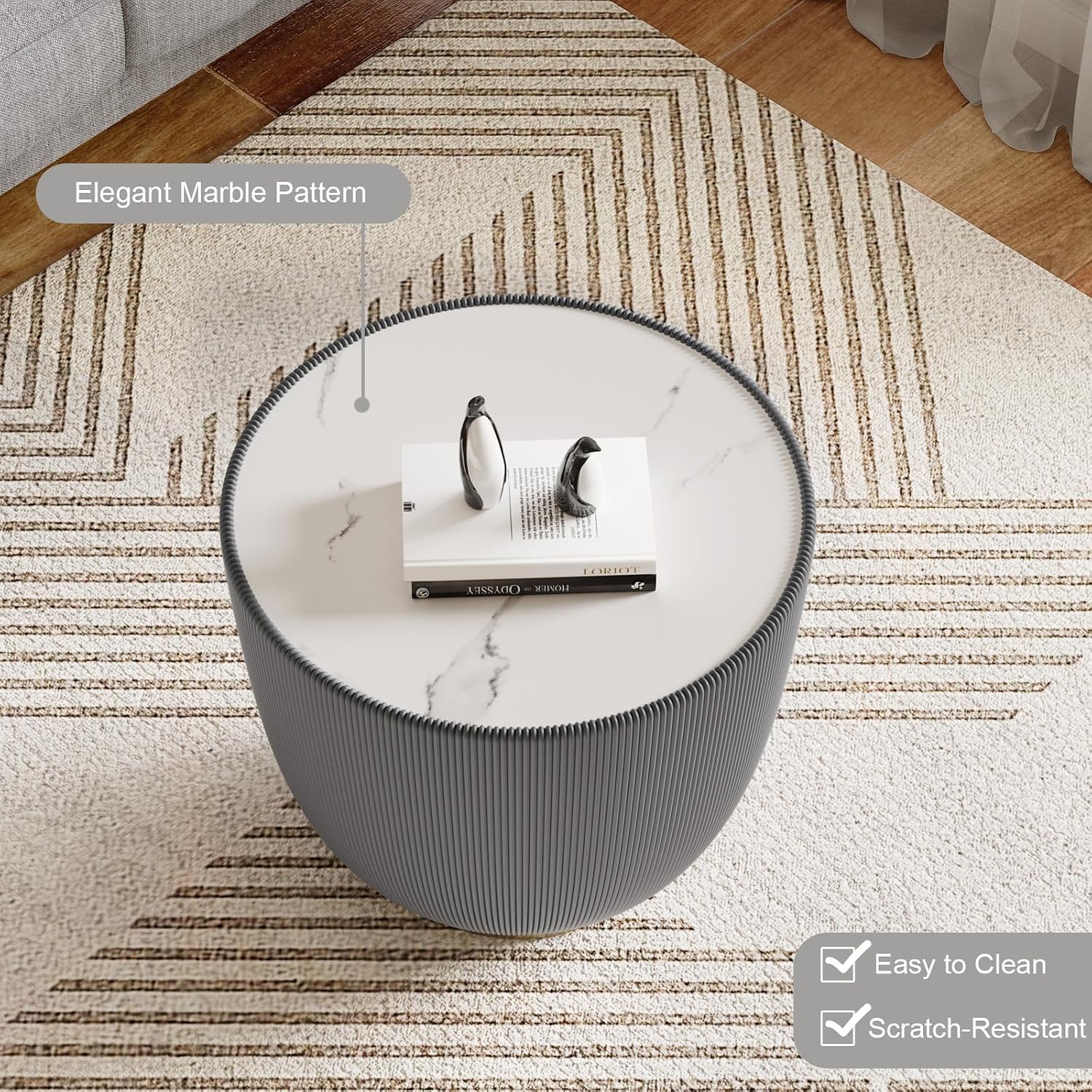 Modern Round End Table Luxury Sintered Stone Top Coffee Table in Grey Leatherette Creative Bowl-Shape Small Coffee Side End Table for Living Room Bedroom,Fully Assembled