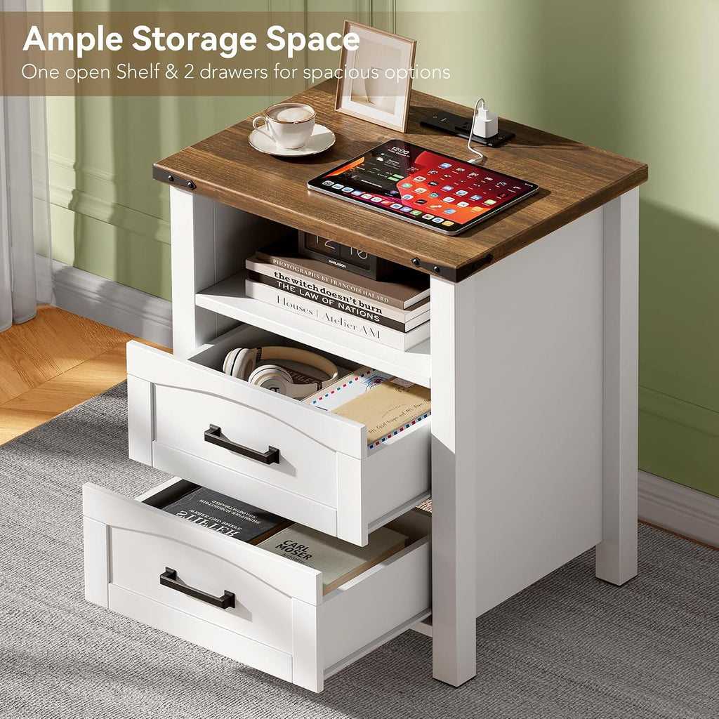 Decofy Farmhouse Nightstand Set of 2 with Charging Station, 18'' Wide Rustic End Table with USB/Type-C Ports, 2 Drawers & Open Shelf, Wood Bedside Table for Bedroom, White