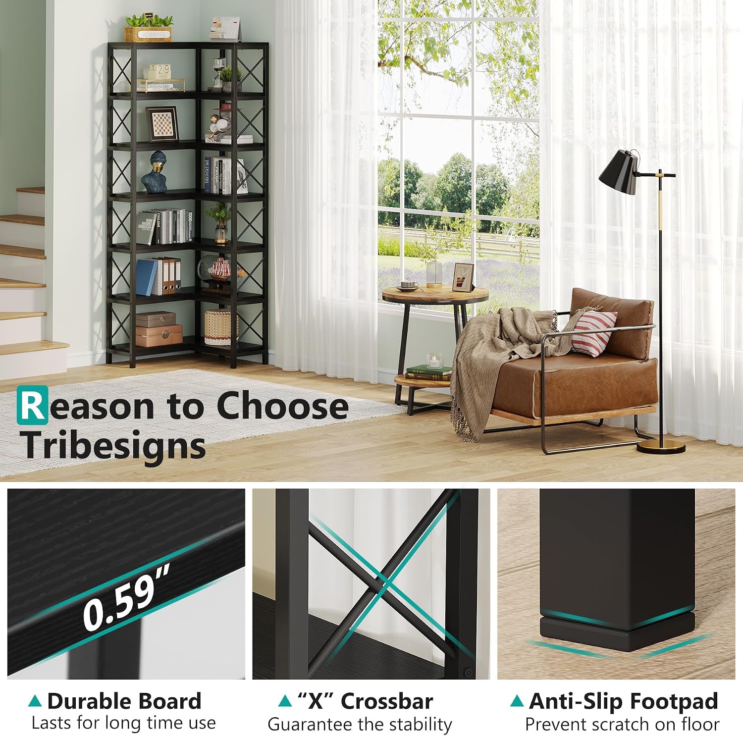 Tribesigns 7-Tier Corner Bookcase, Industrial Large Corner Bookshelf, 7-Shelf Tall Shelf Storage Display Rack with Metal Frame for Living Room Home Office, Black