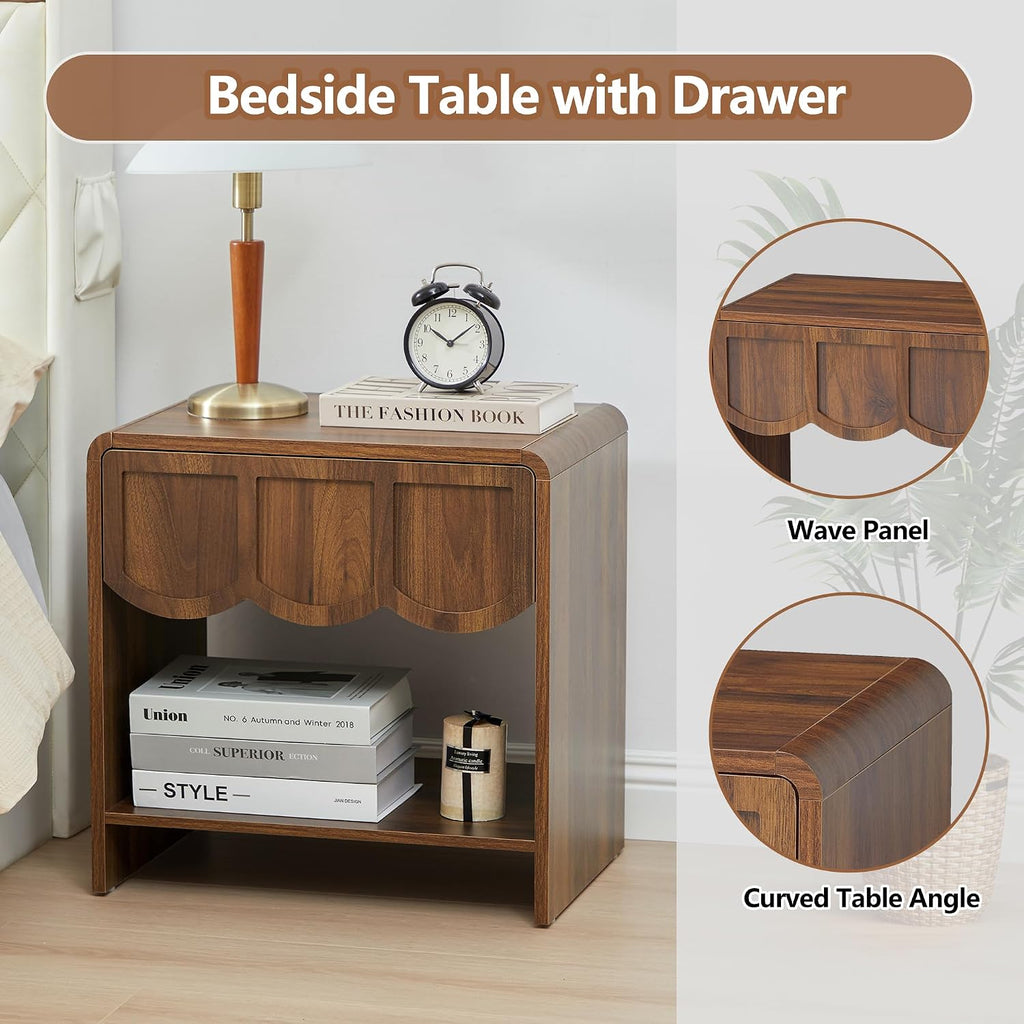 Small Night Stand Set of 2, Mid Century Modern Farmhouse Wood Nightstand with Wave Panel Drawer, Bed Side End Table for Small Space, Living Room - Walnut