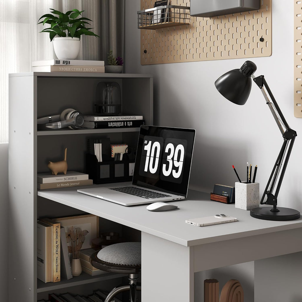 HOMCOM Modern Home Office Desk with 6-Tier Storage Shelves, 47' Writing Desk with Bookshelf, Gray