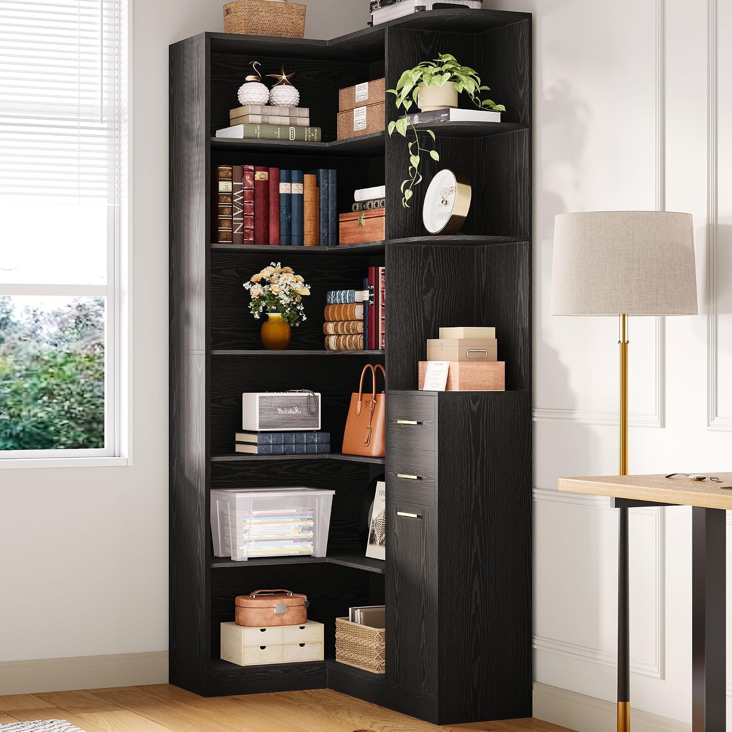 IRONCK Corner Bookshelf, 76' Tall Corner Bookshelves, 6 Tiers L-Shaped Bookcase with 10 Open Shelves and 2 Storage Drawers for Living Room or Home Office