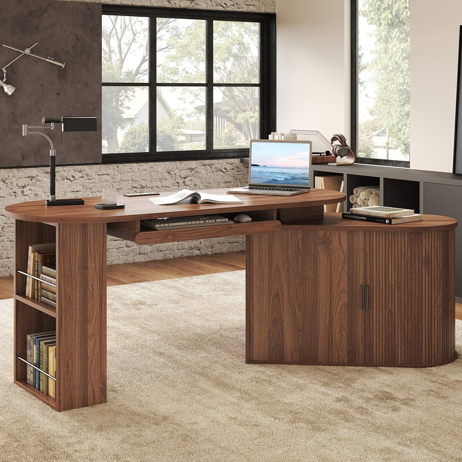 HSH Office L Shaped Computer Desk with Storage Cabinet, Reversible Corner L Desks with Keyboard Tray and Open Shelf, Home Office Executive Desk with Power Outlet for Study Workstation, Walnut 60 Inch