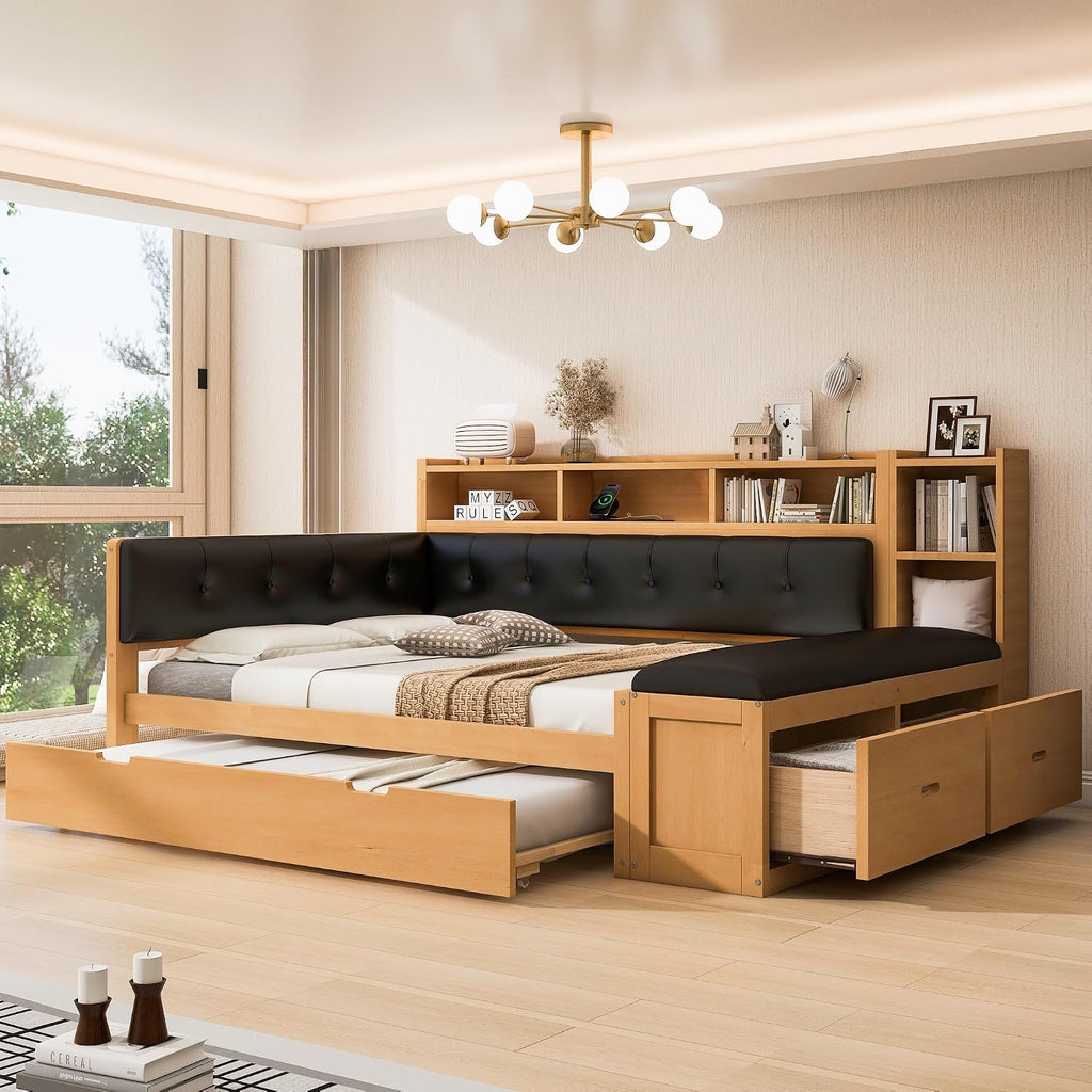 Harper & Bright Designs Full Size Daybed Sofa Bed with Trundle and L-Shaped Upholstered Headboard, Wooden Corner Platform Bed Frame with Storage Shelves, Bench, Charging Station, Natural Color+Black